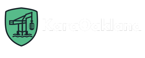 KaraOakland Logo - badge with a microphone in a port crane